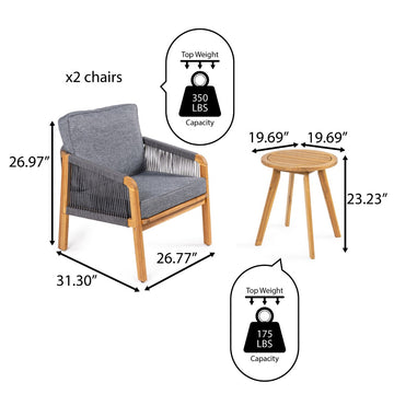 Aveiro 3-Piece Modern Bohemian Roped Acacia Wood Conversation Outdoor Patio Set with Cushions - JONATHAN Y